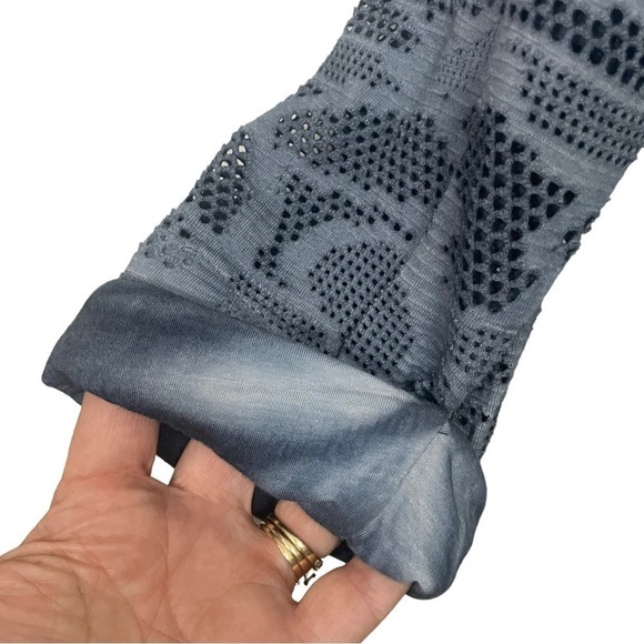 Saturday Sunday Anthropologie Blue Laser Cut Camo Top, Drawstring Waist, Small - Picture 9 of 11